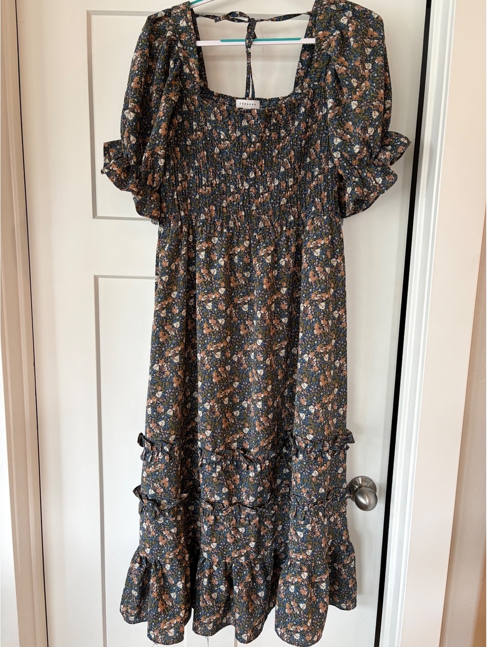Topshop Floral Midi Dress — Navy/Rust Ditsy Print, US 8